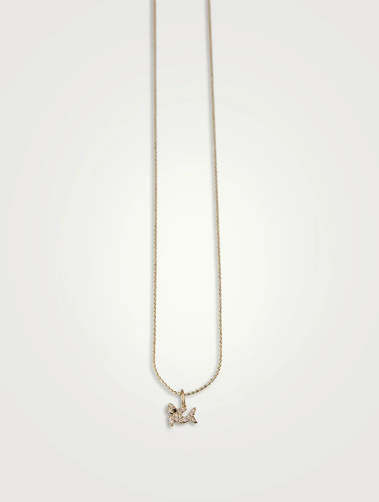 14K Gold Small Shark Pendant Necklace With Diamonds