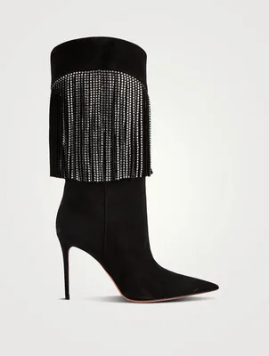 Lily Suede Knee-High Boots With Crystal Fringe