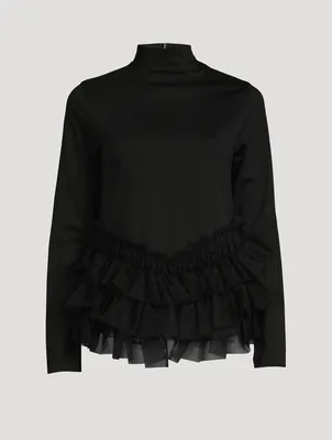 Cotton Turtleneck With Tulle Trim