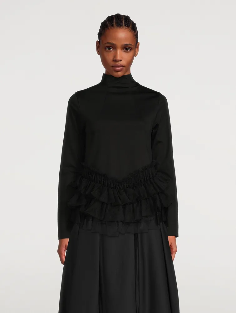 Cotton Turtleneck With Tulle Trim