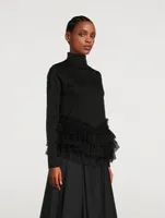 Cotton Turtleneck With Tulle Trim