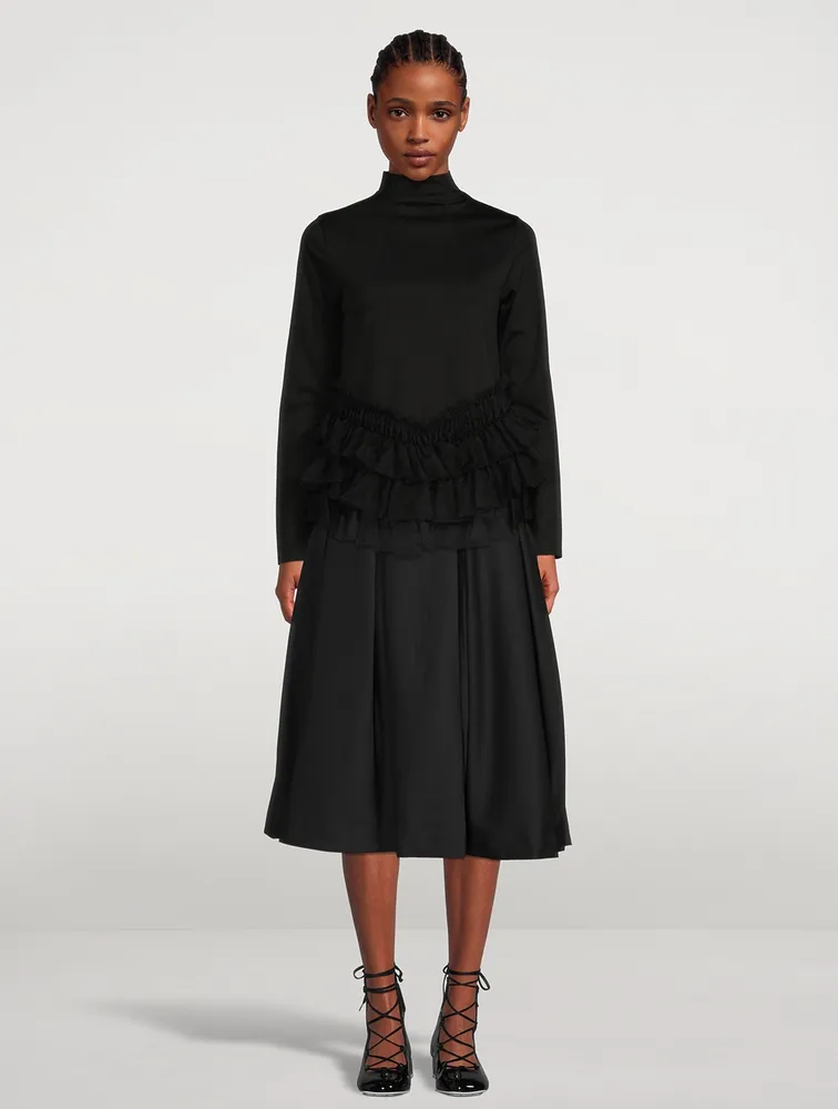 Cotton Turtleneck With Tulle Trim