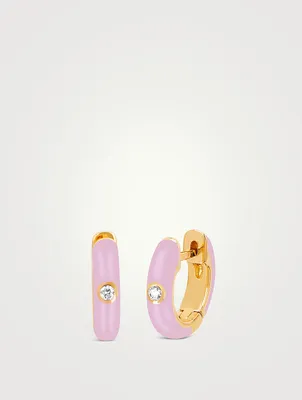 14K Gold Enamel Huggie Hoop Earrings With Diamonds