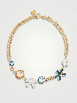 Enamel Flower Charm Necklace With Crystals