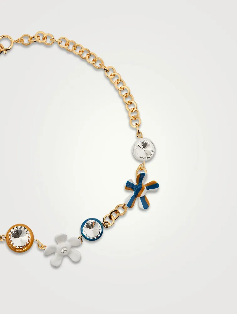 Enamel Flower Charm Necklace With Crystals