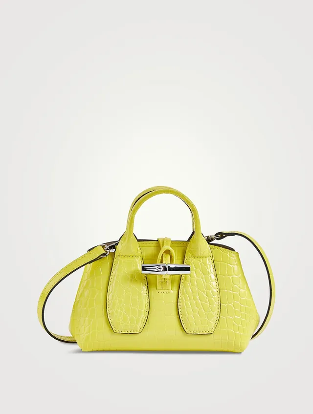 Longchamp Roseau Medium Top Handle Croc-embossed Leather Tote in Yellow