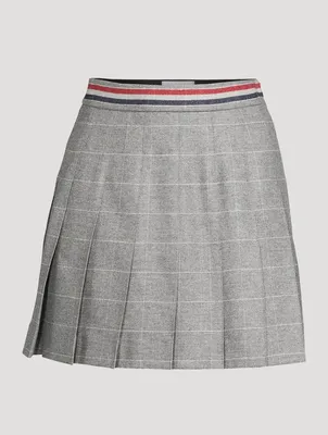 Wool Dropped Back Pleated Mini Skirt Windowpane Print