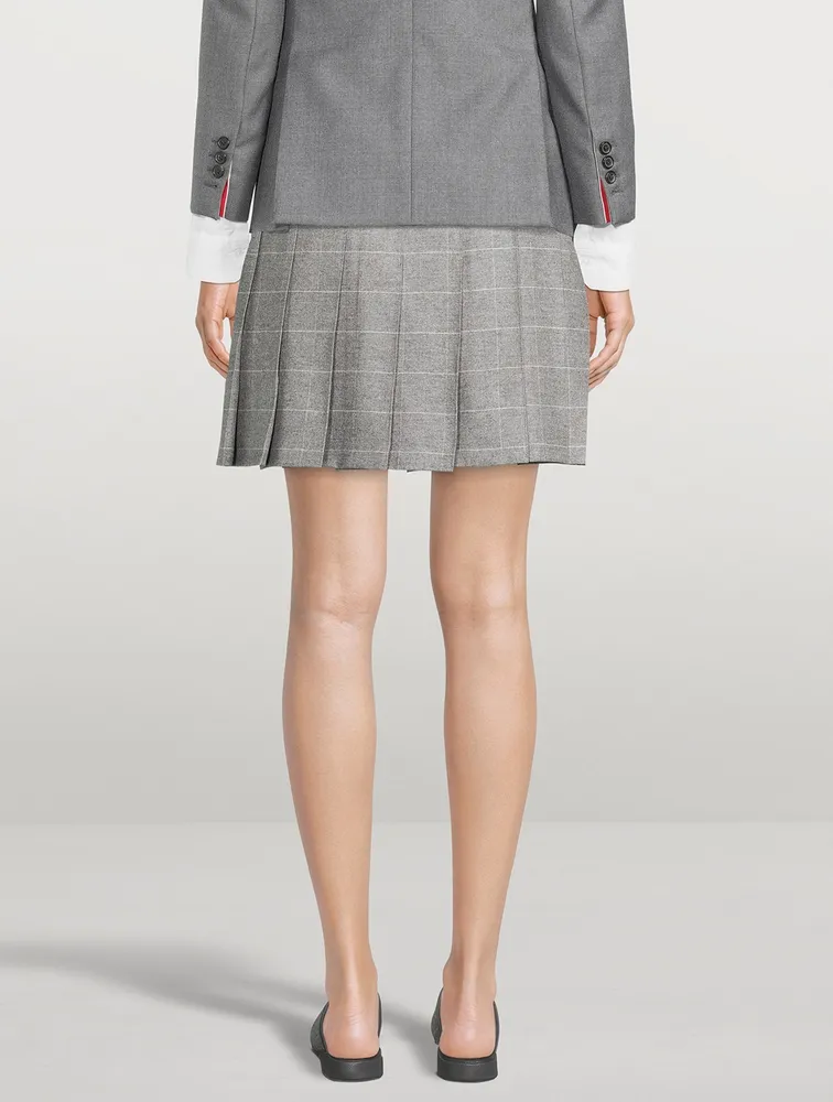 Wool Dropped Back Pleated Mini Skirt Windowpane Print