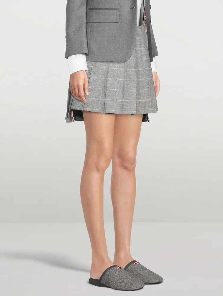 Wool Dropped Back Pleated Mini Skirt Windowpane Print