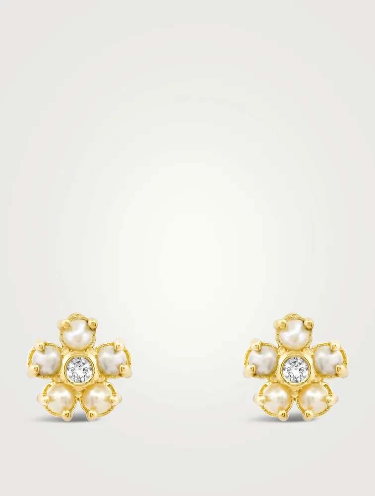 Mini 18K Gold Pearl Flower Stud Earrings With Diamonds