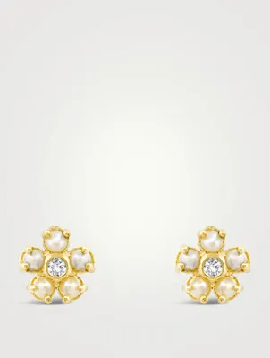 Mini 18K Gold Pearl Flower Stud Earrings With Diamonds