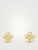 Mini 18K Gold Pearl Flower Stud Earrings With Diamonds