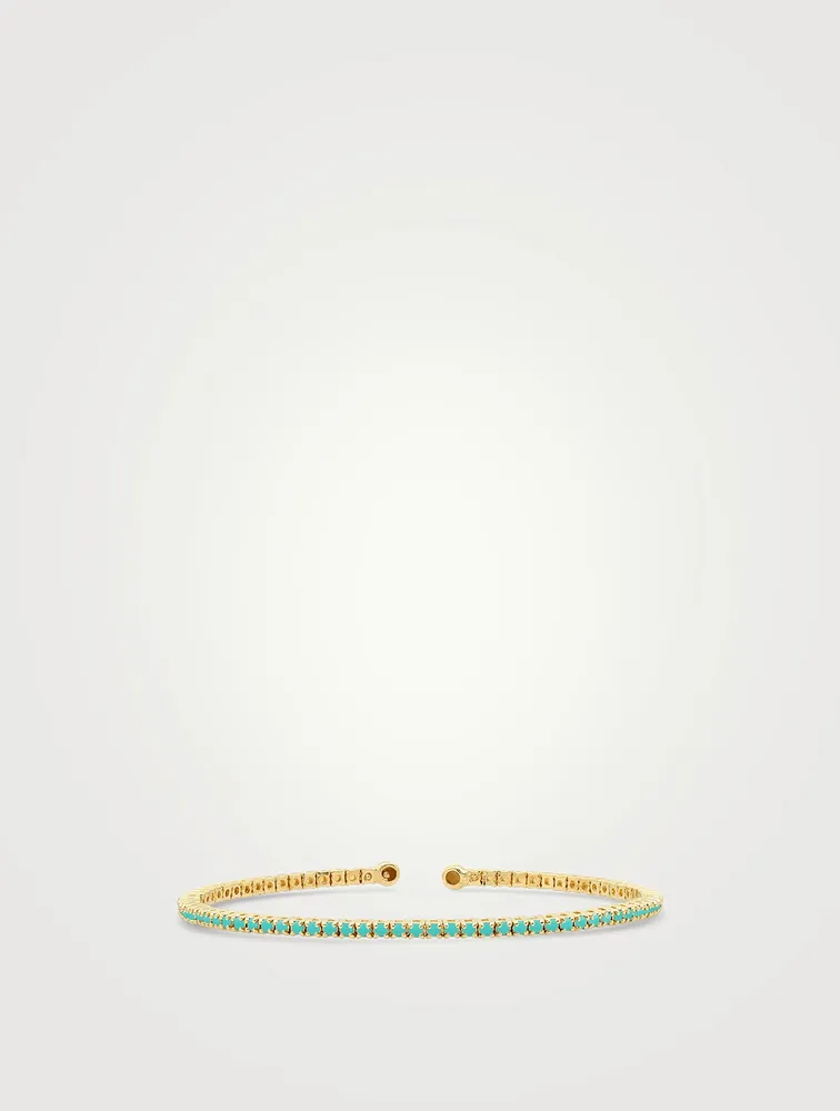 Small 18K Gold Four-Prong Tennis Cuff Bracelet With Turquoise
