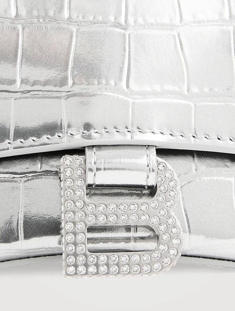 XS Hourglass Crystal-Embellished Croc-Embossed Metallic Leather Top Handle Bag