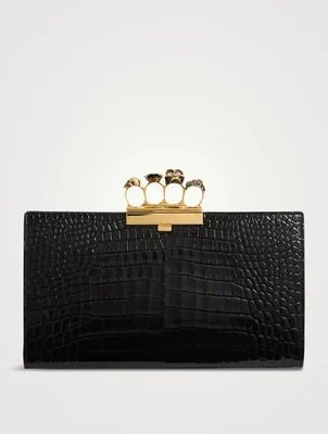 Skull Four-Ring Croc-Embossed Leather Clutch