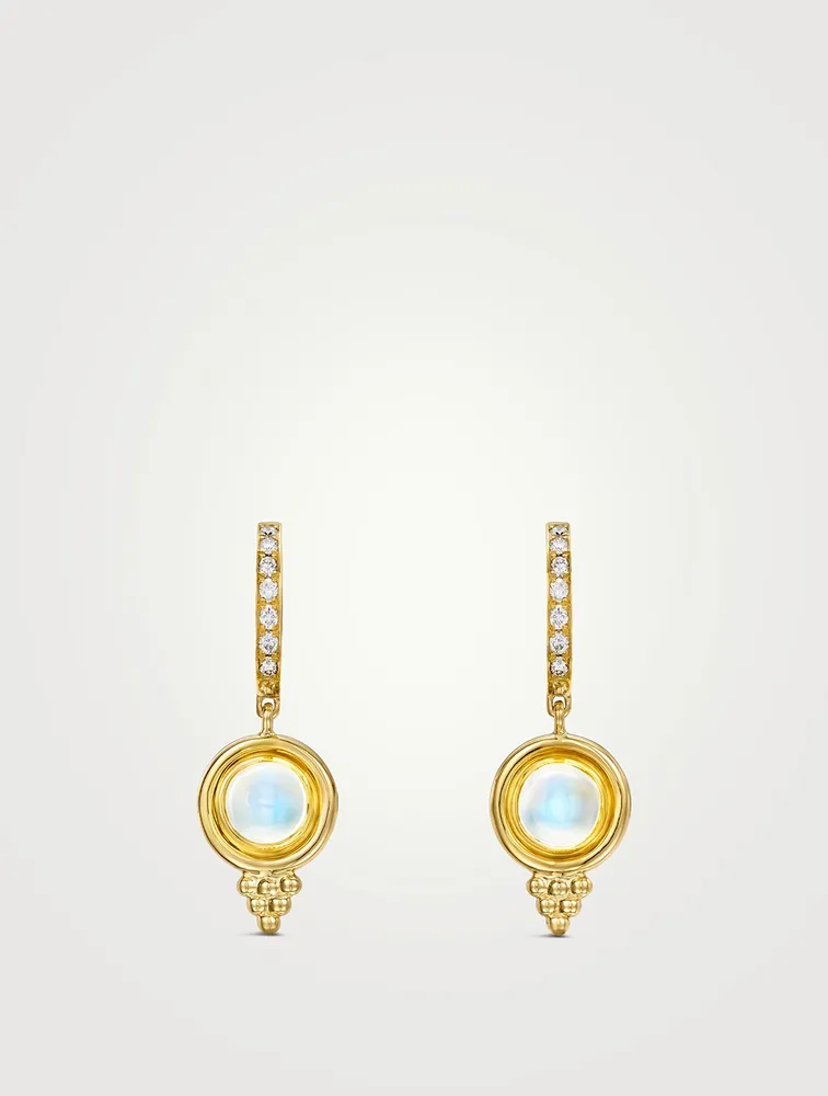 18K Gold Classic Temple Earring With Blue Moonstone And Diamonds