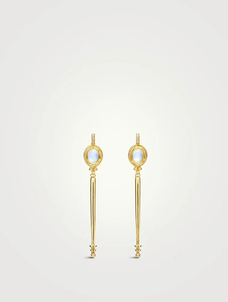 18K Gold Temple Baton Earrings With Blue Moonstone And Diamonds