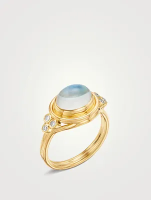 18K Gold Temple Classic Ring With Blue Moonstone And Diamonds