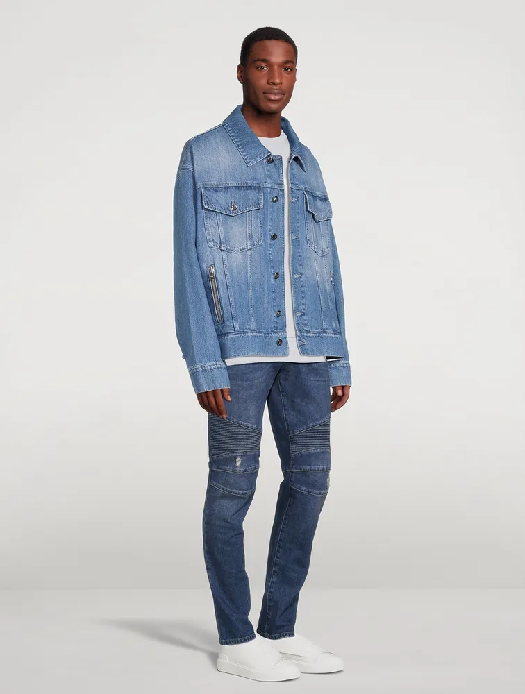 BALMAIN Pussy-bow stretch-denim shirt | NET-A-PORTER