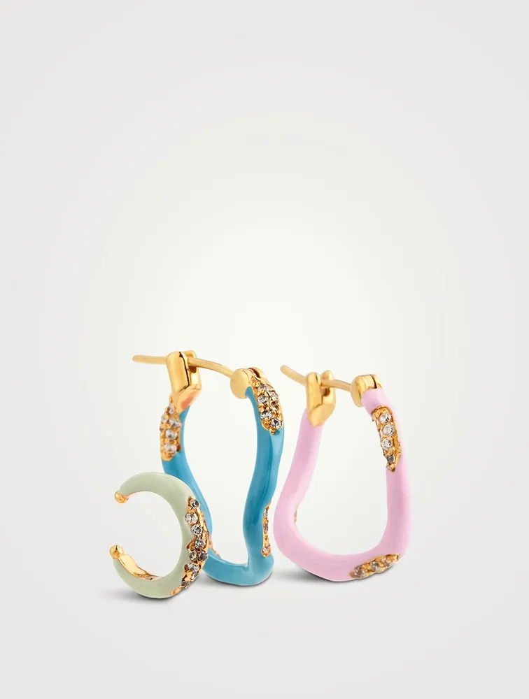 Set of Three Feminine Waves 18K Gold-Plated Earrings With Enamel & Cubic Zirconia