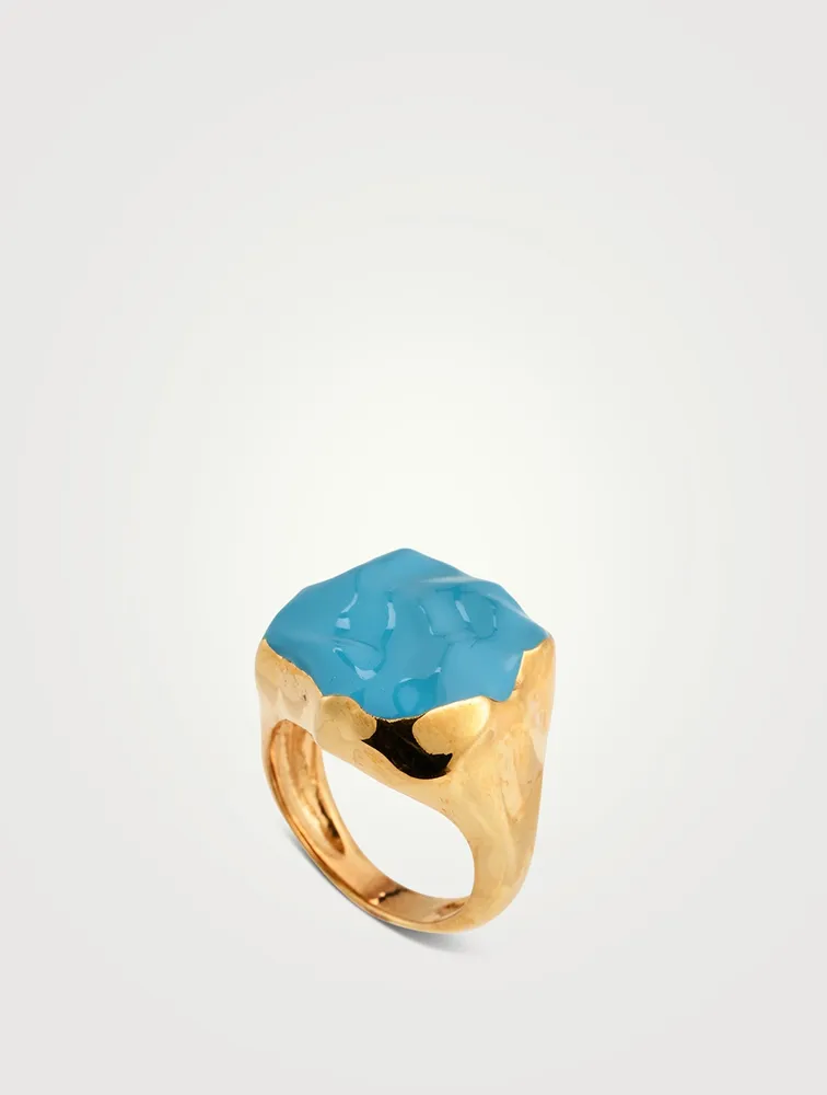 Feminine Waves 18K Gold-Plated Signet Ring with Enamel