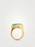 Feminine Waves 18K Gold-Plated Signet Ring with Enamel