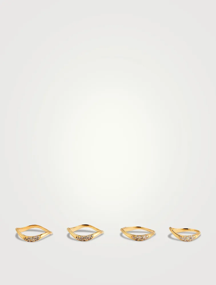 Set of Four Feminine Waves 18K Gold-Plated Rings With Cubic Zirconia