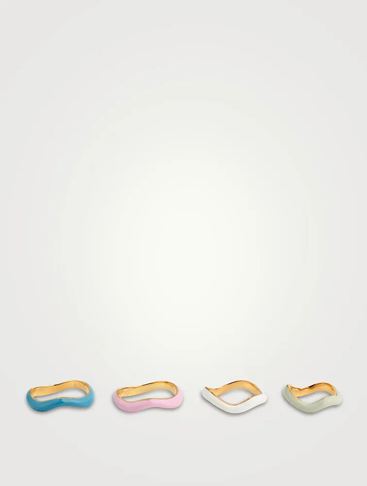 Set of Four Feminine Waves 18K Gold-Plated Rings With Enamel