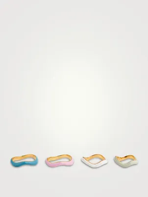 Set of Four Feminine Waves 18K Gold-Plated Rings With Enamel