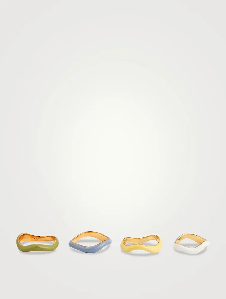 Set of Four Feminine Waves 18K Gold-Plated Rings With Enamel