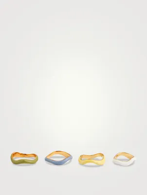 Set of Four Feminine Waves 18K Gold-Plated Rings With Enamel