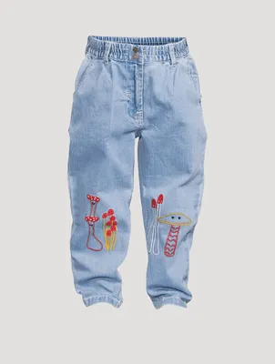 Paperbag Jeans With Mushroom Embroidery