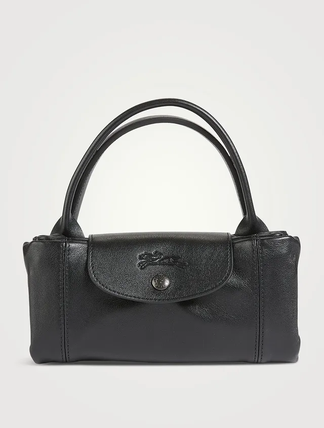 Longchamp Medium Le Pliage Cuir Croco Top Handle Black Leather