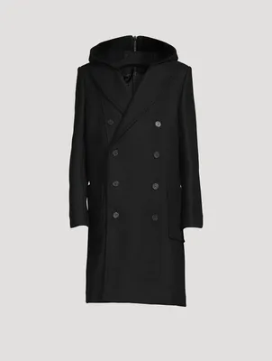 Wool Double-Breasted Coat With Removable Hood