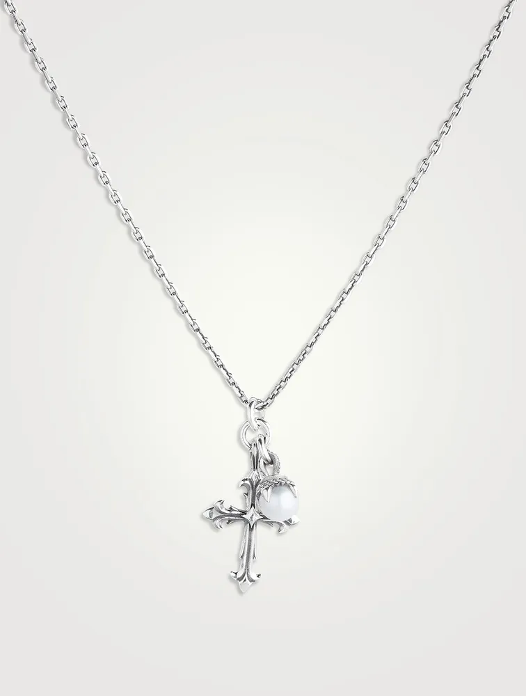 Pearl+Cross Sterling Silver Pendant Necklace