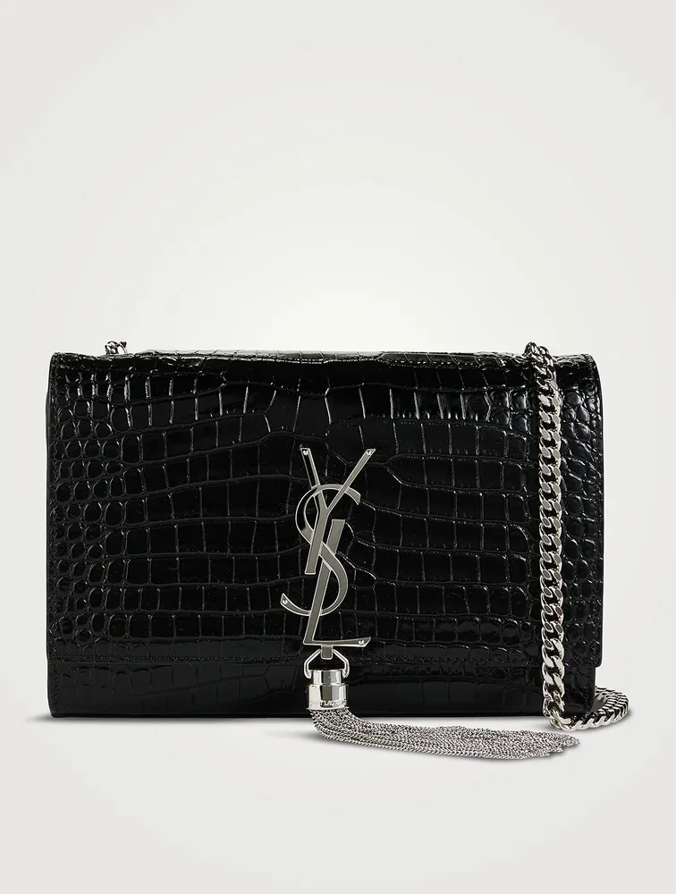 Small Kate YSL Monogram Croc-Embossed Leather Chain Bag With Tassel