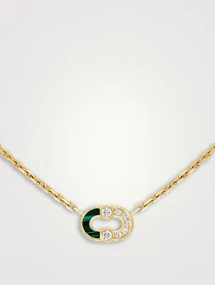 Magnetic 18K Gold Semi Malachite Pendant Necklace With Diamonds
