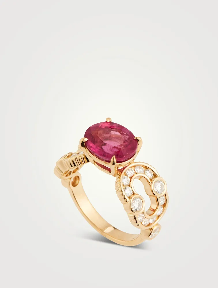 Magnetic 18K Gold Enchainée Ring With Tourmaline And Diamonds