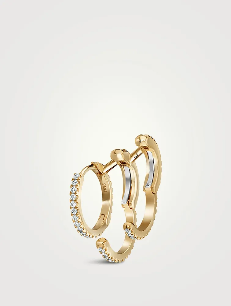 18K Gold Triple Linked Eternity Left Hoop And Cuff Earring With Diamonds