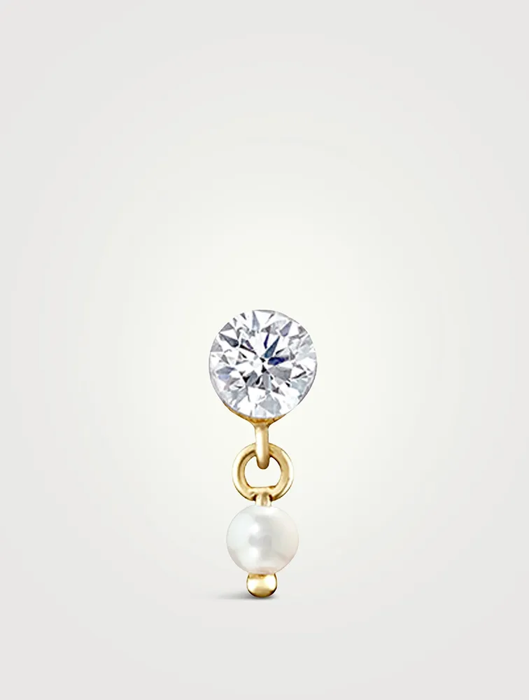 18K Gold Invisible Set Diamond And Pearl Dangle Threaded Stud Earring