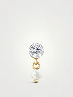 18K Gold Invisible Set Diamond And Pearl Dangle Threaded Stud Earring
