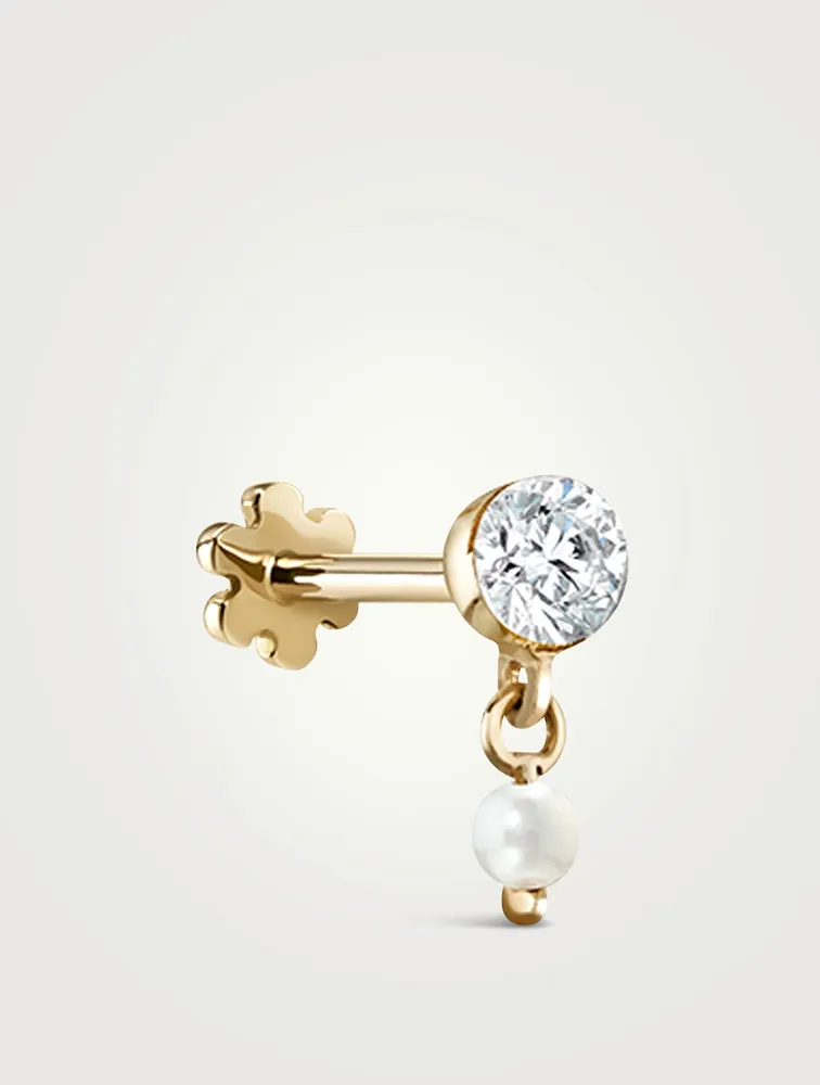 18K Gold Invisible Set Diamond And Pearl Dangle Threaded Stud Earring