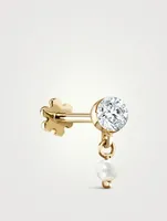 18K Gold Invisible Set Diamond And Pearl Dangle Threaded Stud Earring