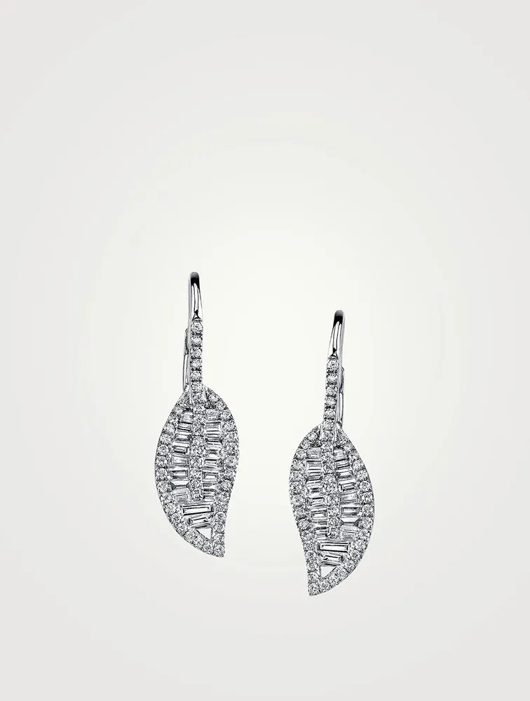 18K White Gold Leaf Drop Earrings With Diamonds