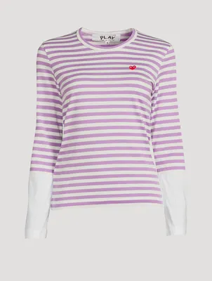 Small Embroidered Heart Long-Sleeve T-Shirt Stripe Print