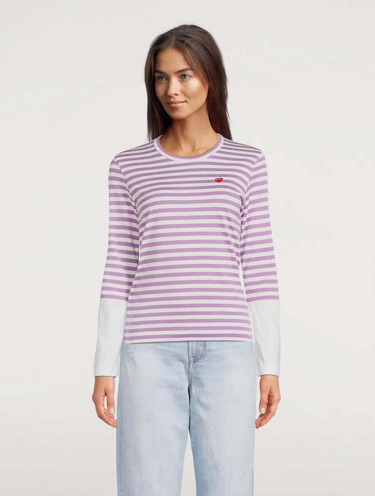 Small Embroidered Heart Long-Sleeve T-Shirt Stripe Print