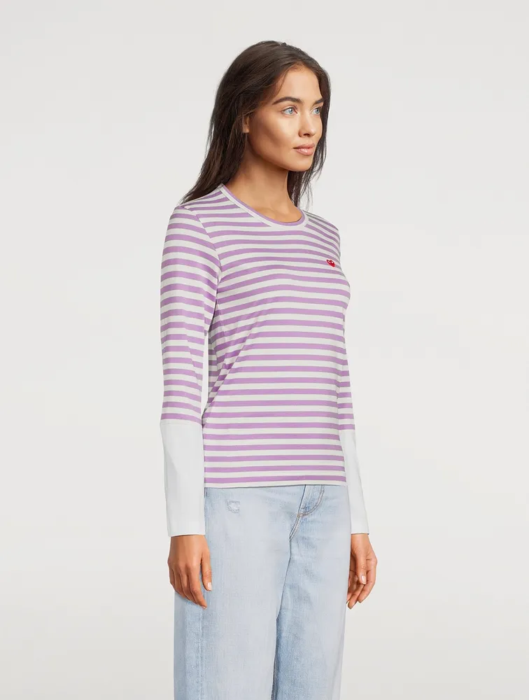 Small Embroidered Heart Long-Sleeve T-Shirt Stripe Print