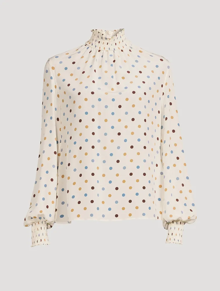 Smocked Silk Blouse Polka Dot Print