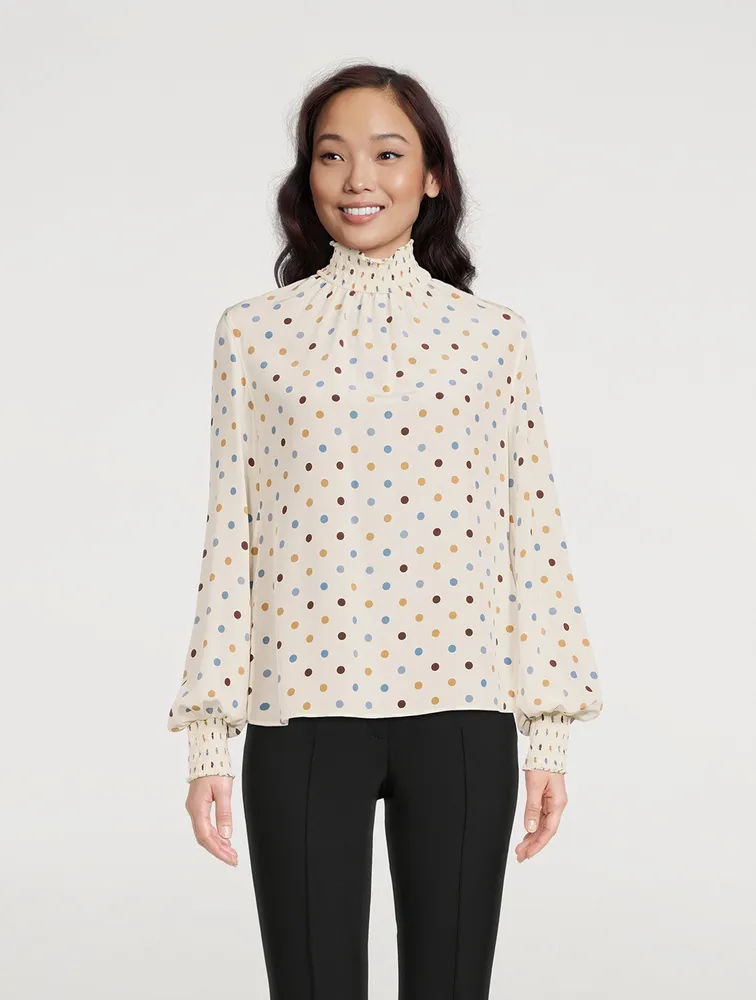 Smocked Silk Blouse Polka Dot Print