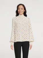 Smocked Silk Blouse Polka Dot Print